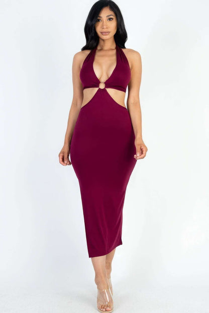 Cut-out Halter Neck Double Back Tie Split Thigh Midi Dress - The Diva Goddess