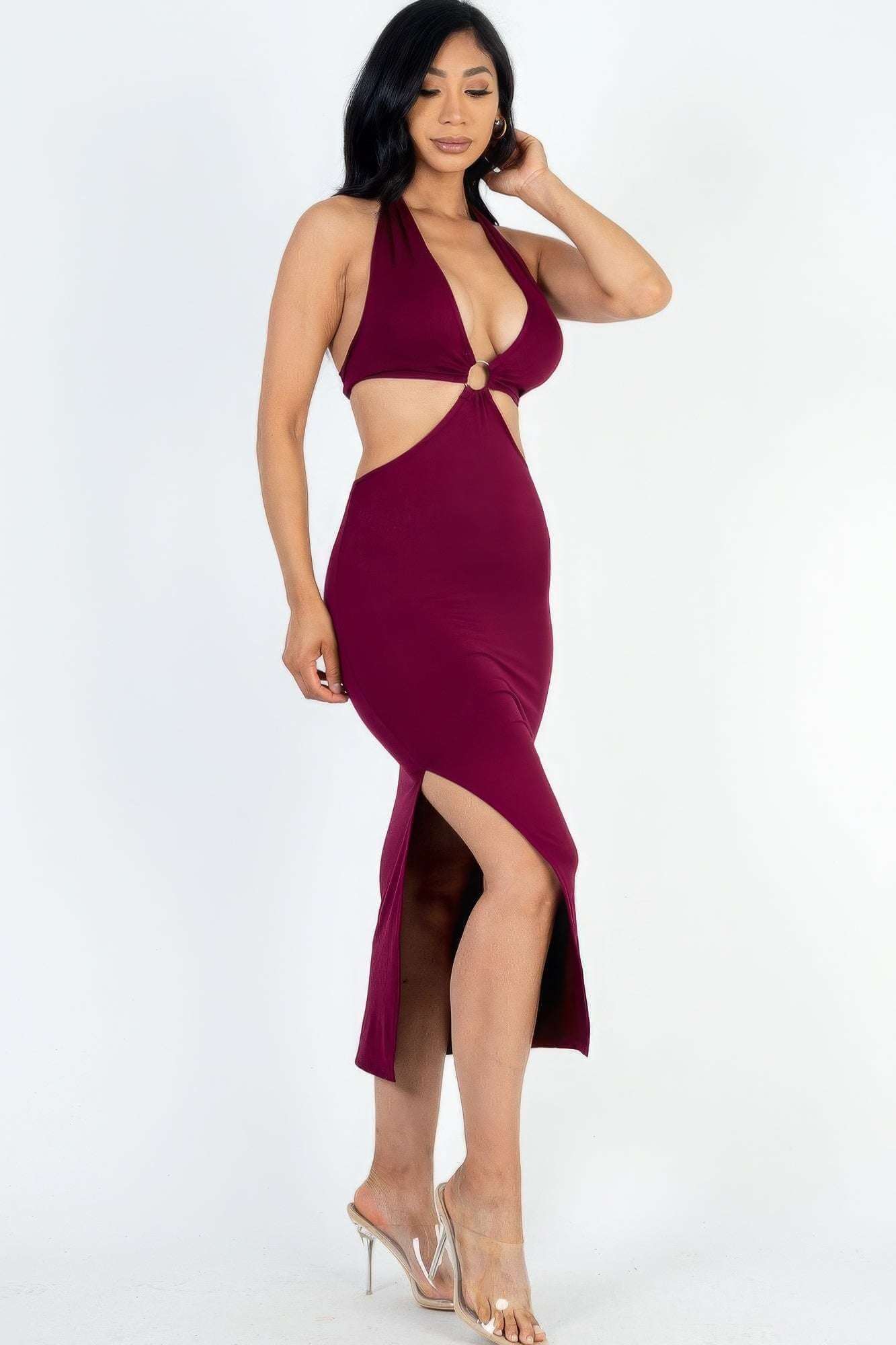 Cut-out Halter Neck Double Back Tie Split Thigh Midi Dress - The Diva Goddess