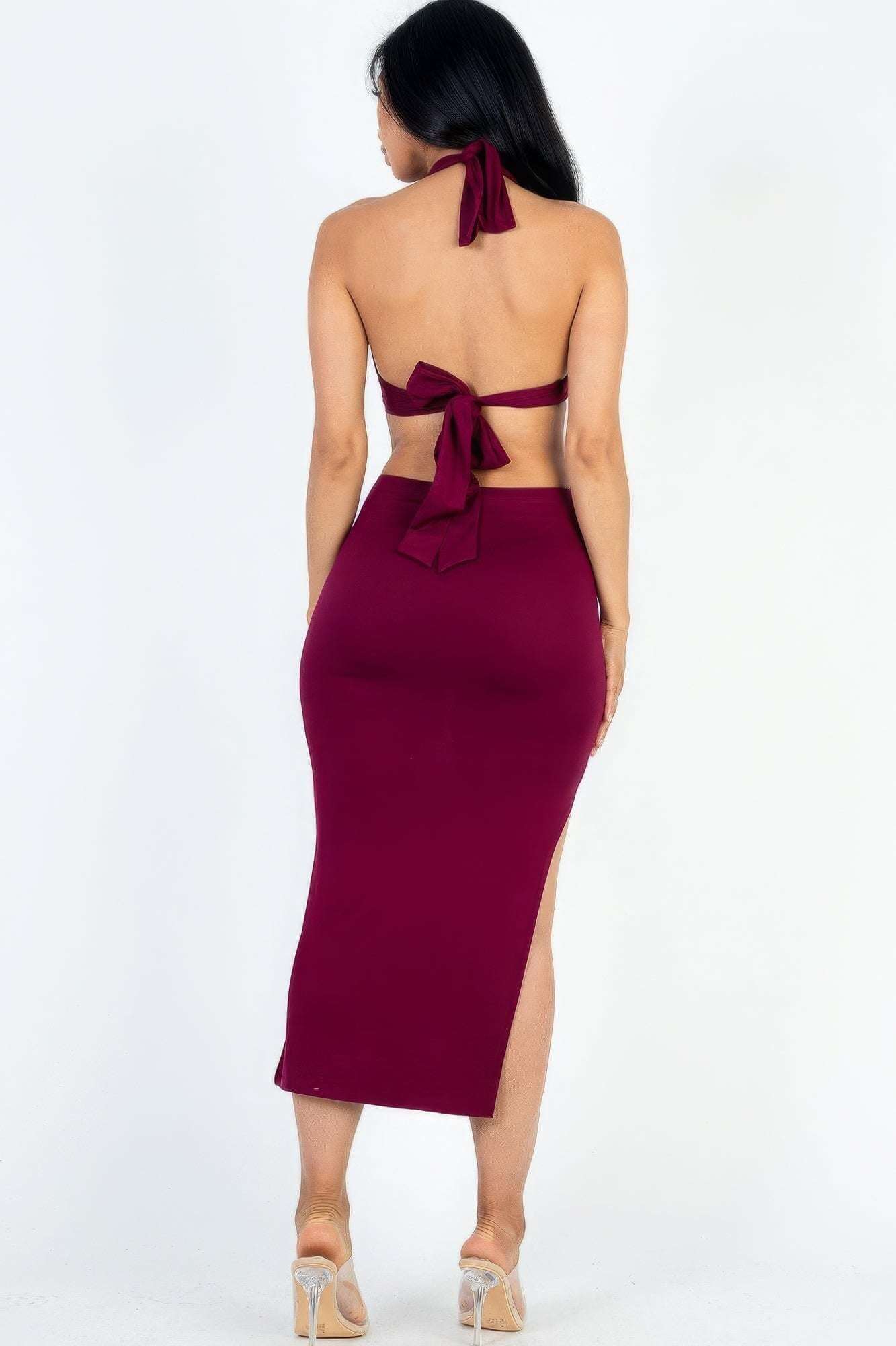 Cut-out Halter Neck Double Back Tie Split Thigh Midi Dress - The Diva Goddess