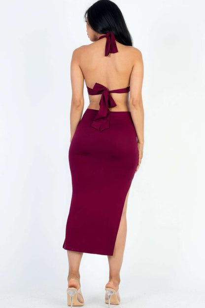 Cut-out Halter Neck Double Back Tie Split Thigh Midi Dress - The Diva Goddess