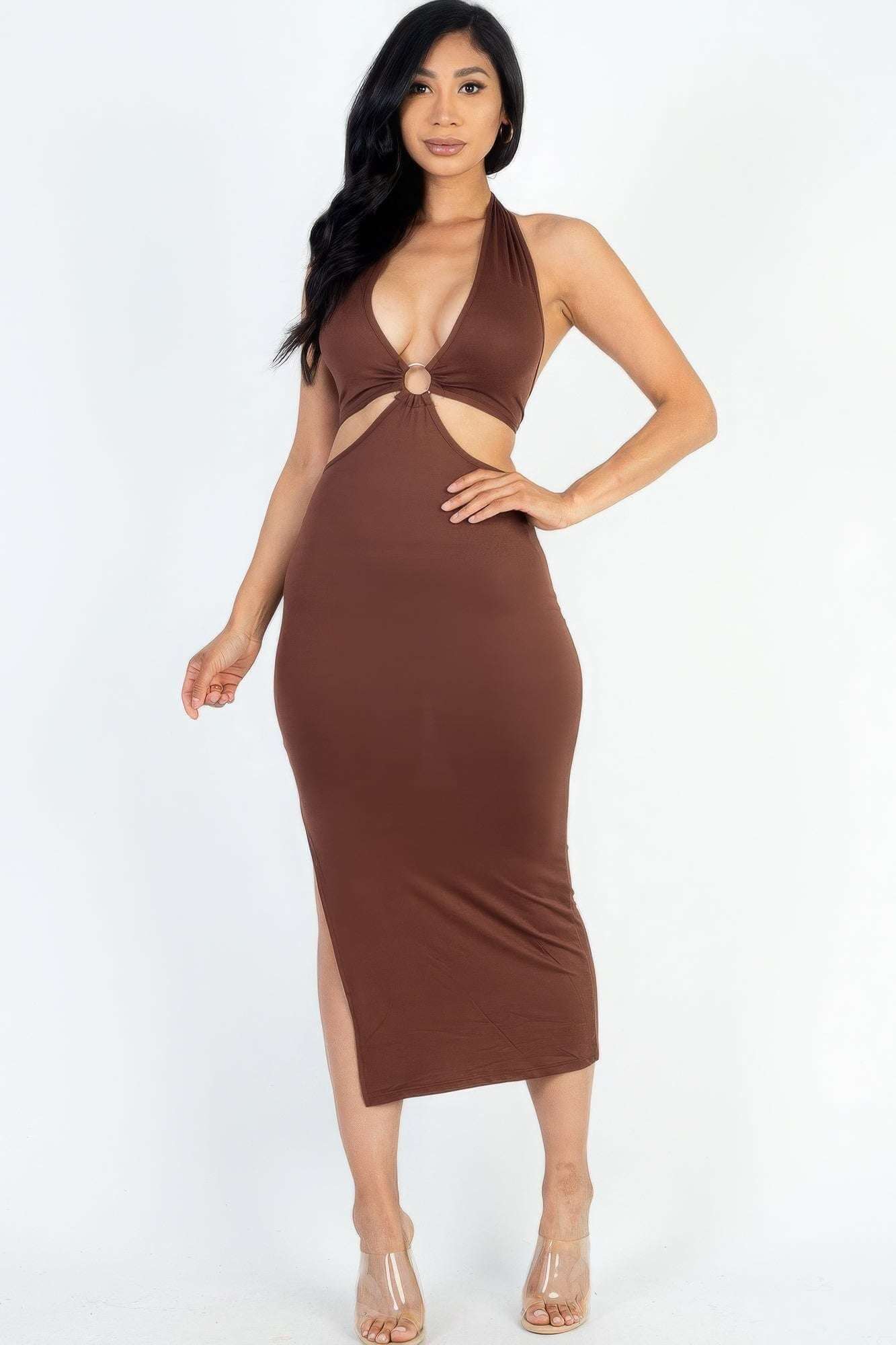 Cut-out Halter Neck Double Back Tie Split Thigh Midi Dress - The Diva Goddess