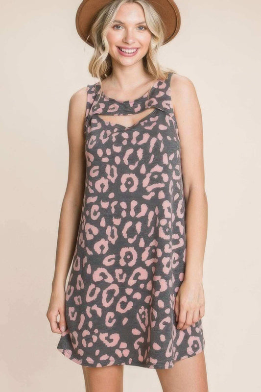 Cute Animal Print Cut Out Neckline Sleeveless Tunic Dress - The Diva Goddess