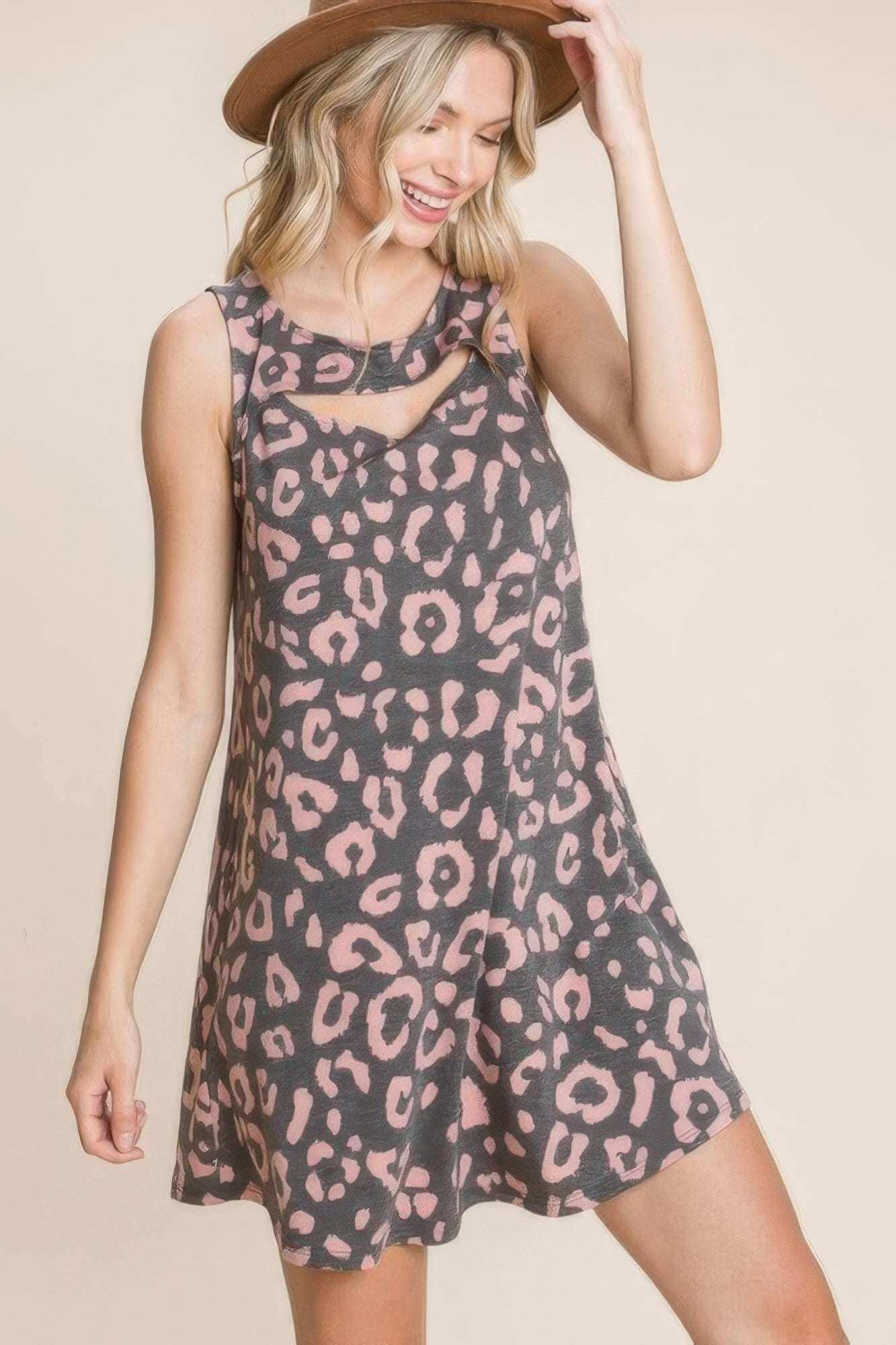 Cute Animal Print Cut Out Neckline Sleeveless Tunic Dress - The Diva Goddess