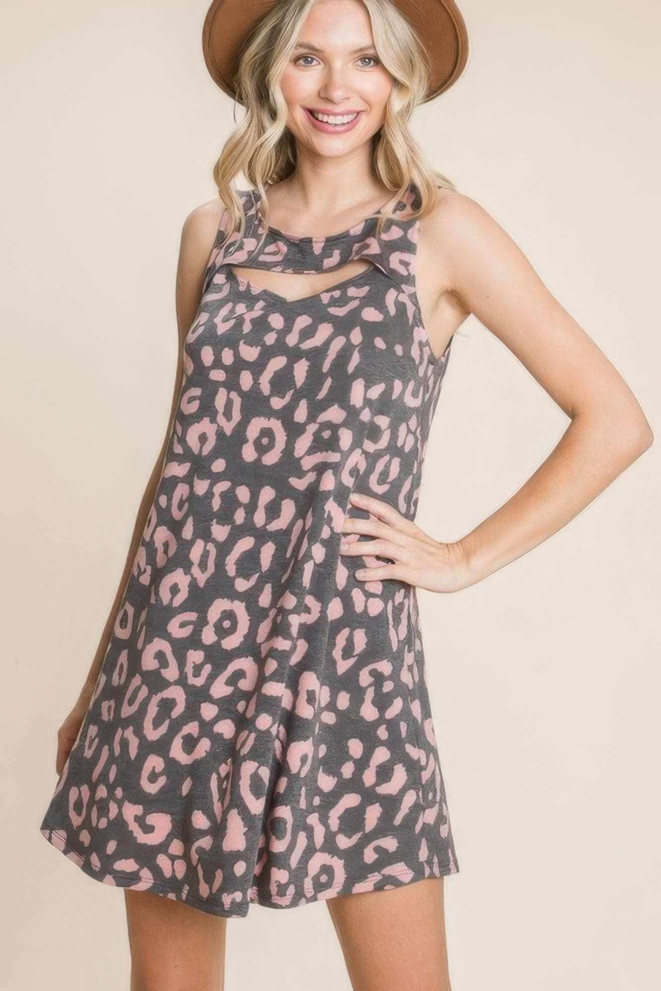 Cute Animal Print Cut Out Neckline Sleeveless Tunic Dress - The Diva Goddess