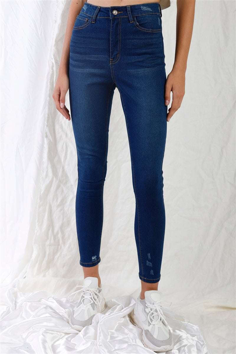 Dark Blue High-waisted With Rips Skinny Denim Jeans - The Diva Goddess