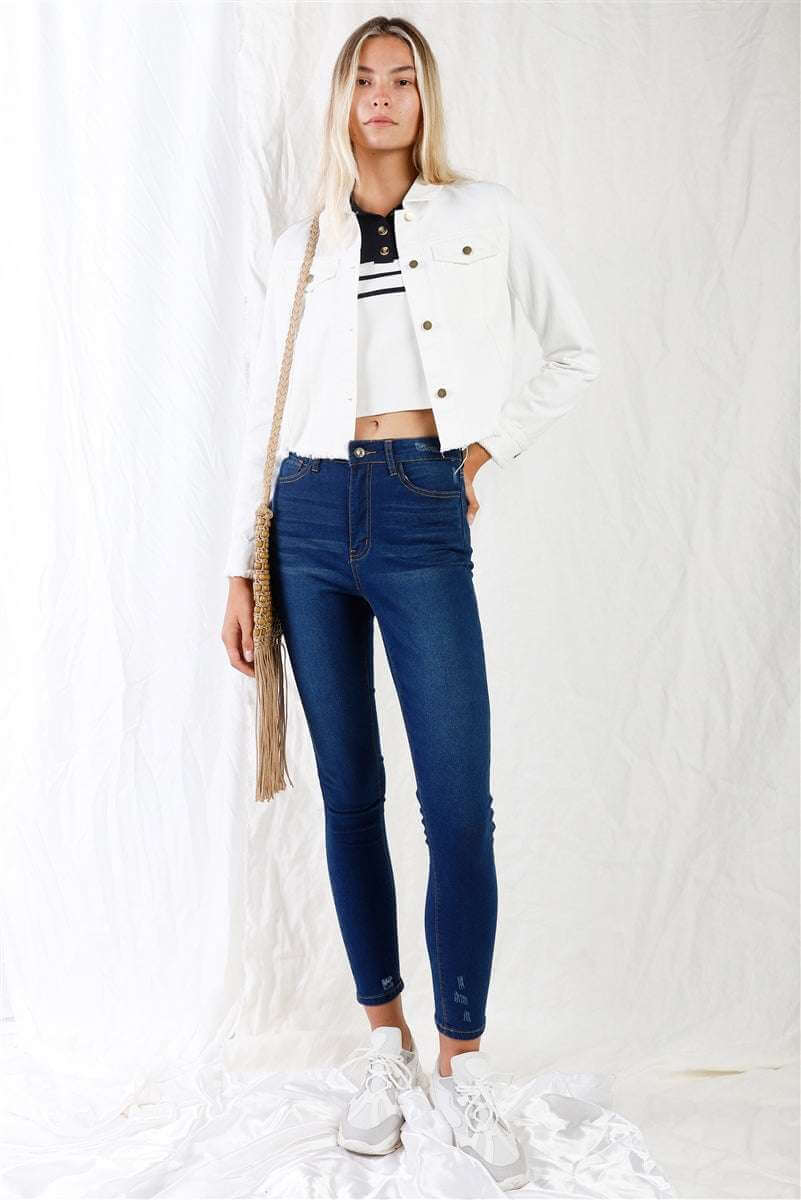 Dark Blue High-waisted With Rips Skinny Denim Jeans - The Diva Goddess