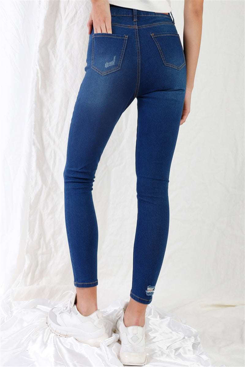 Dark Blue High-waisted With Rips Skinny Denim Jeans - The Diva Goddess