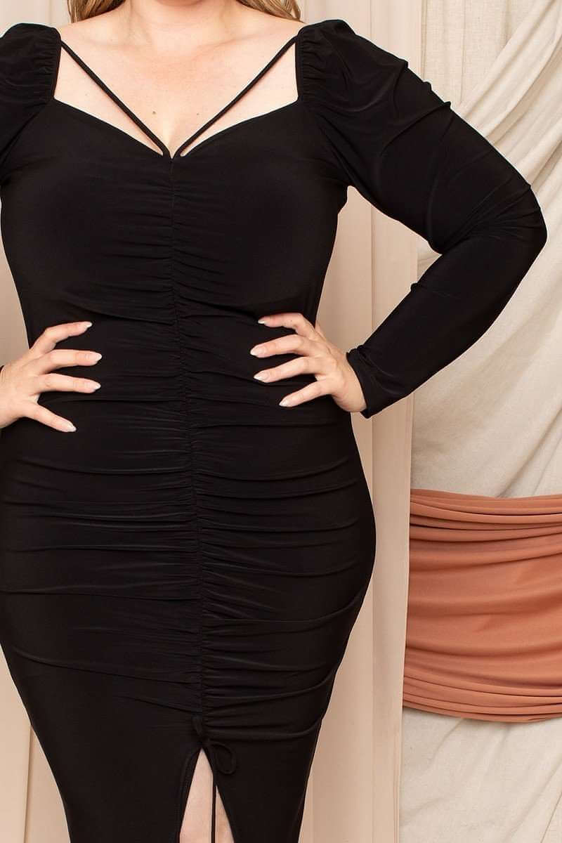 Deep Round Neck Shirring Detailed Back Plus Size Dress - The Diva Goddess