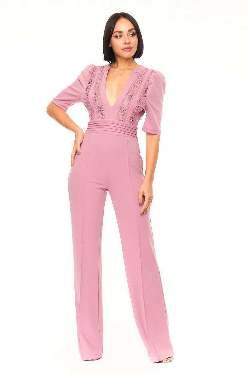 Deep V-neck Crochet Bodice Jumpsuit - The Diva Goddess