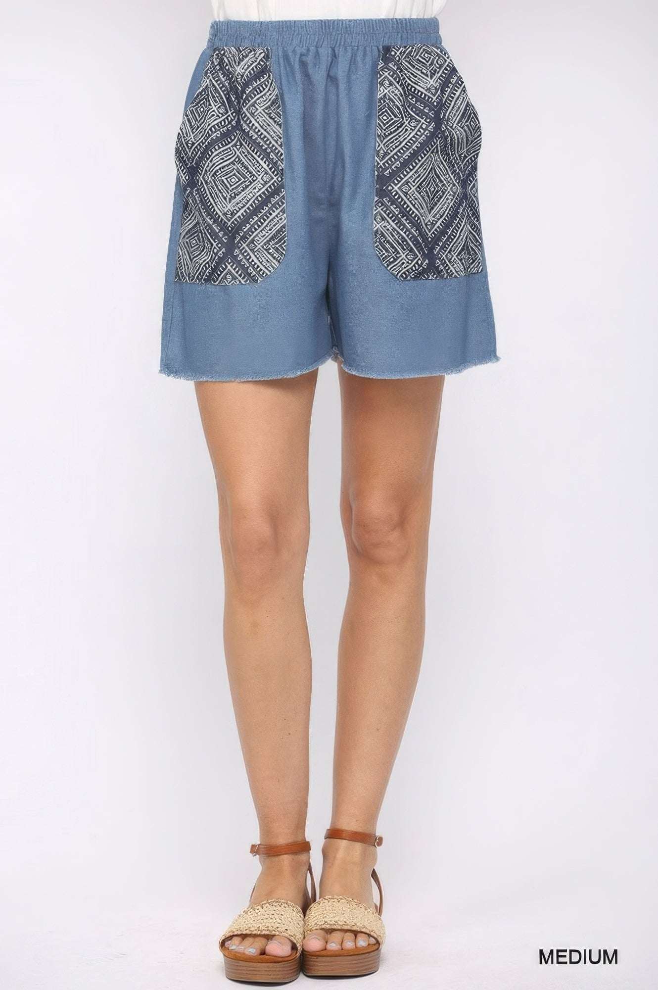 Denim And Print Pockets Elastic Waist Shorts With Raw Hem - The Diva Goddess