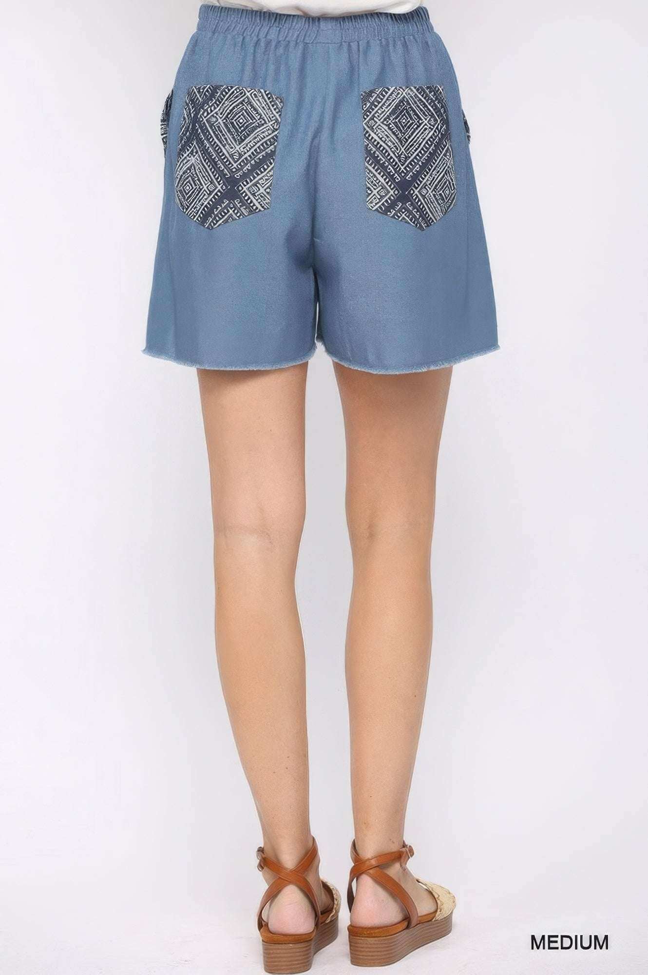 Denim And Print Pockets Elastic Waist Shorts With Raw Hem - The Diva Goddess