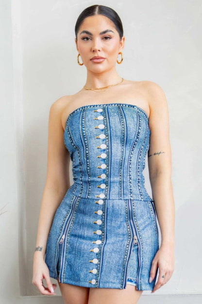 Denim Effect Corset Top & Bottom Set