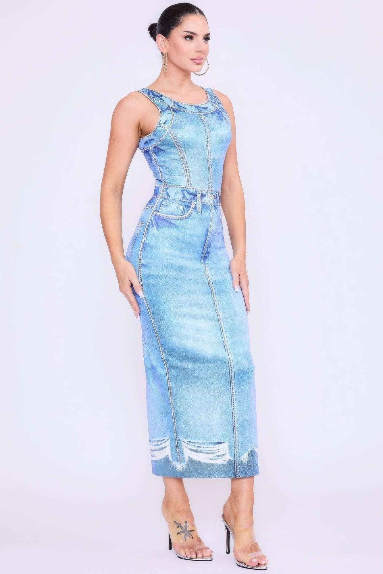 Denim Print Midi Dress - The Diva Goddess