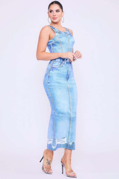 Denim Print Midi Dress - The Diva Goddess