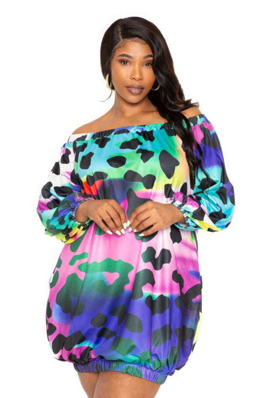 Electric leopard off shoulder bubble mini dress - The Diva Goddess