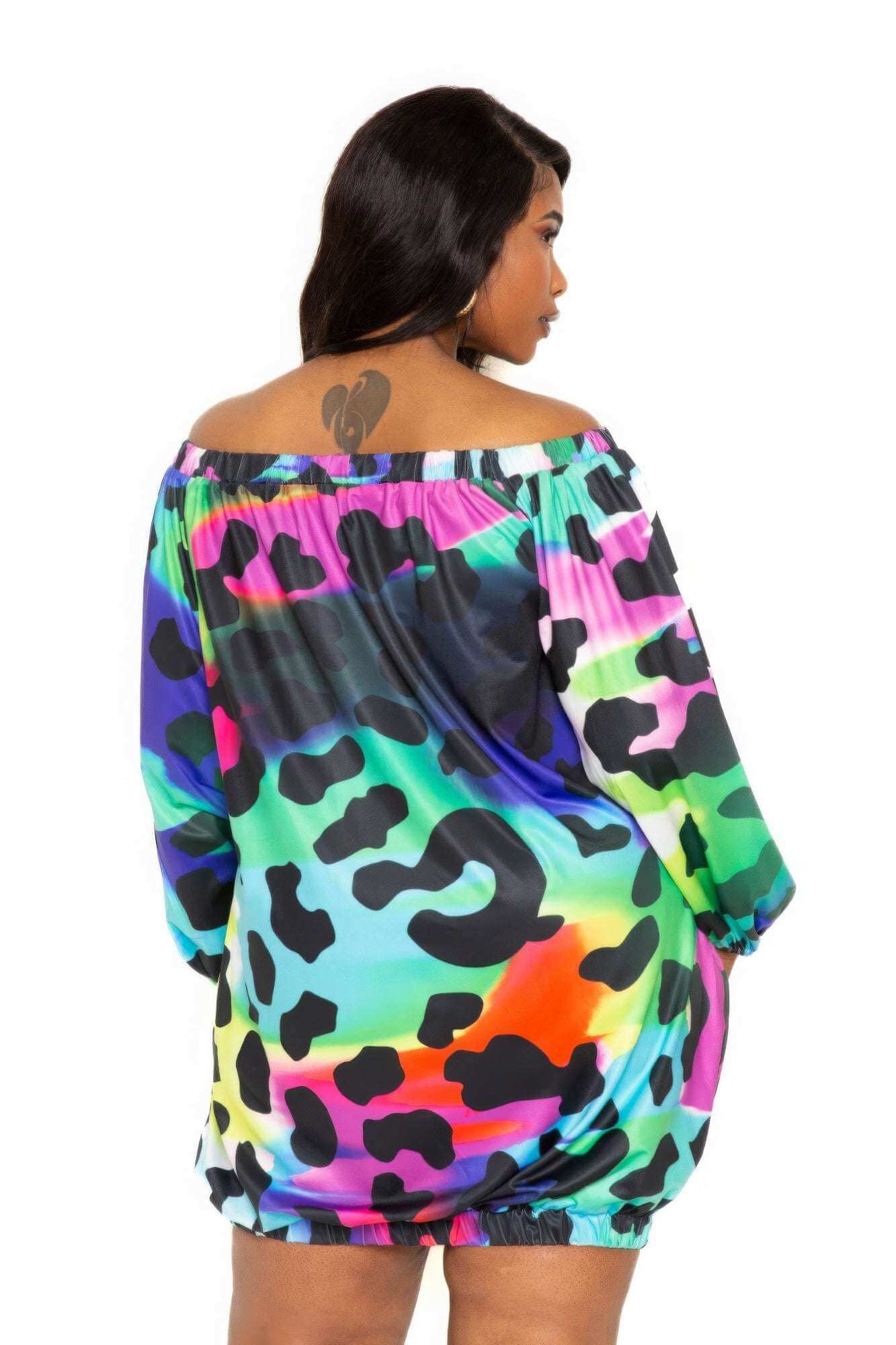 Electric leopard off shoulder bubble mini dress - The Diva Goddess