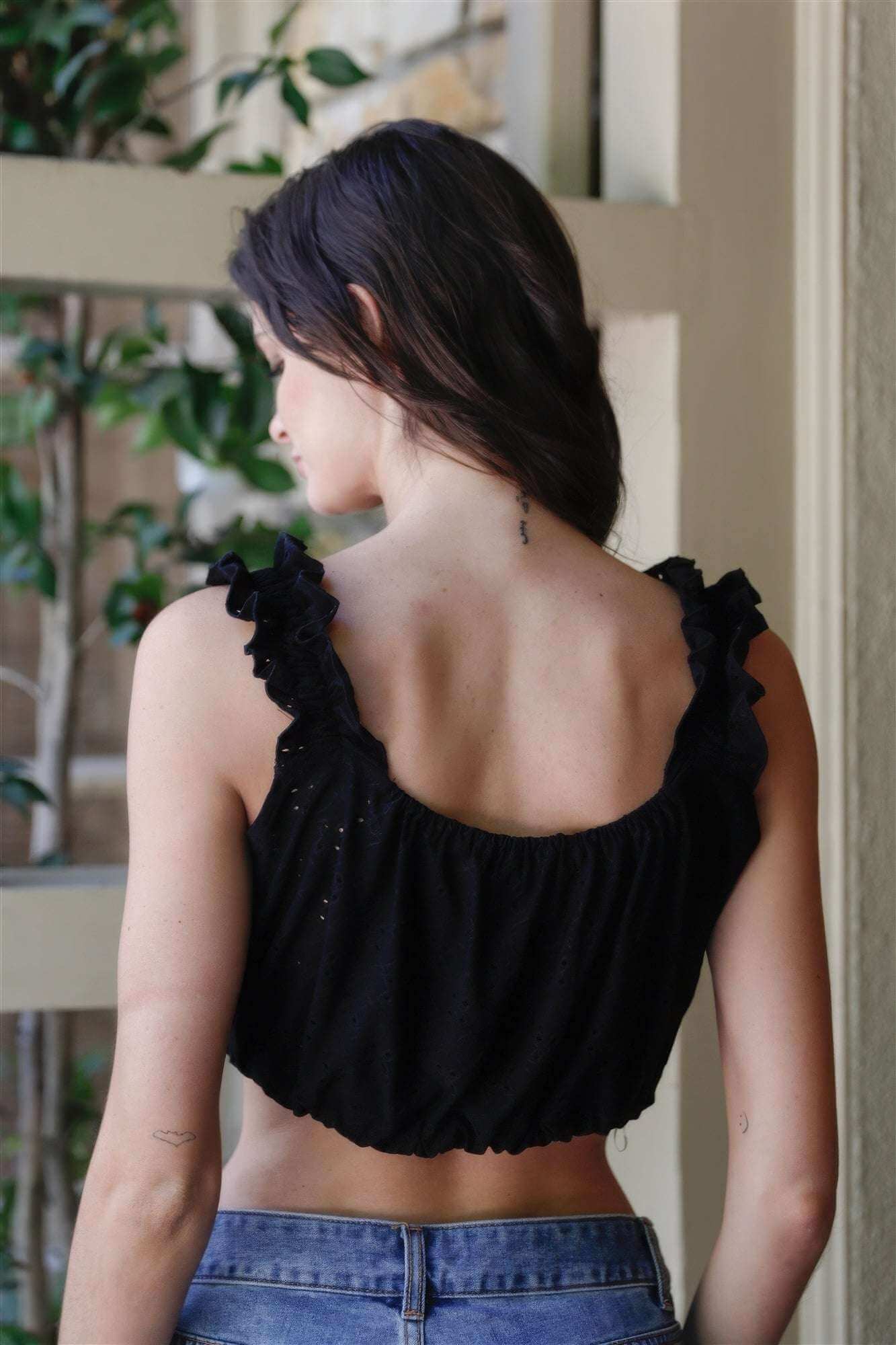 Embroidered Ruffle Trim Strap Sleeveless Crop Top - The Diva Goddess