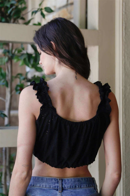 Embroidered Ruffle Trim Strap Sleeveless Crop Top - The Diva Goddess