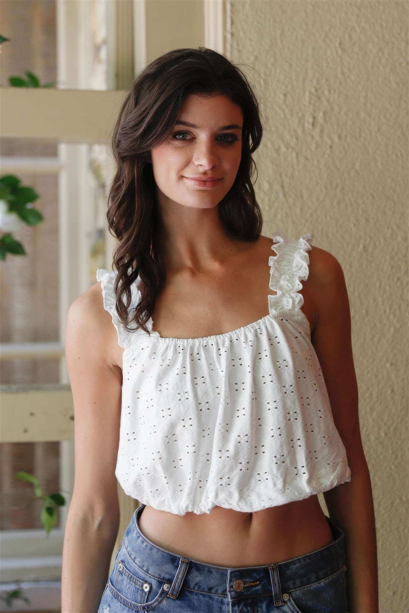 Embroidered Ruffle Trim Strap Sleeveless Crop Top - The Diva Goddess