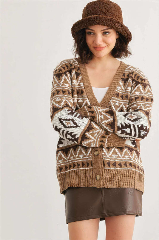 Fair Isle Knit Button-up Long Sleeve Cardigan Sweater - The Diva Goddess