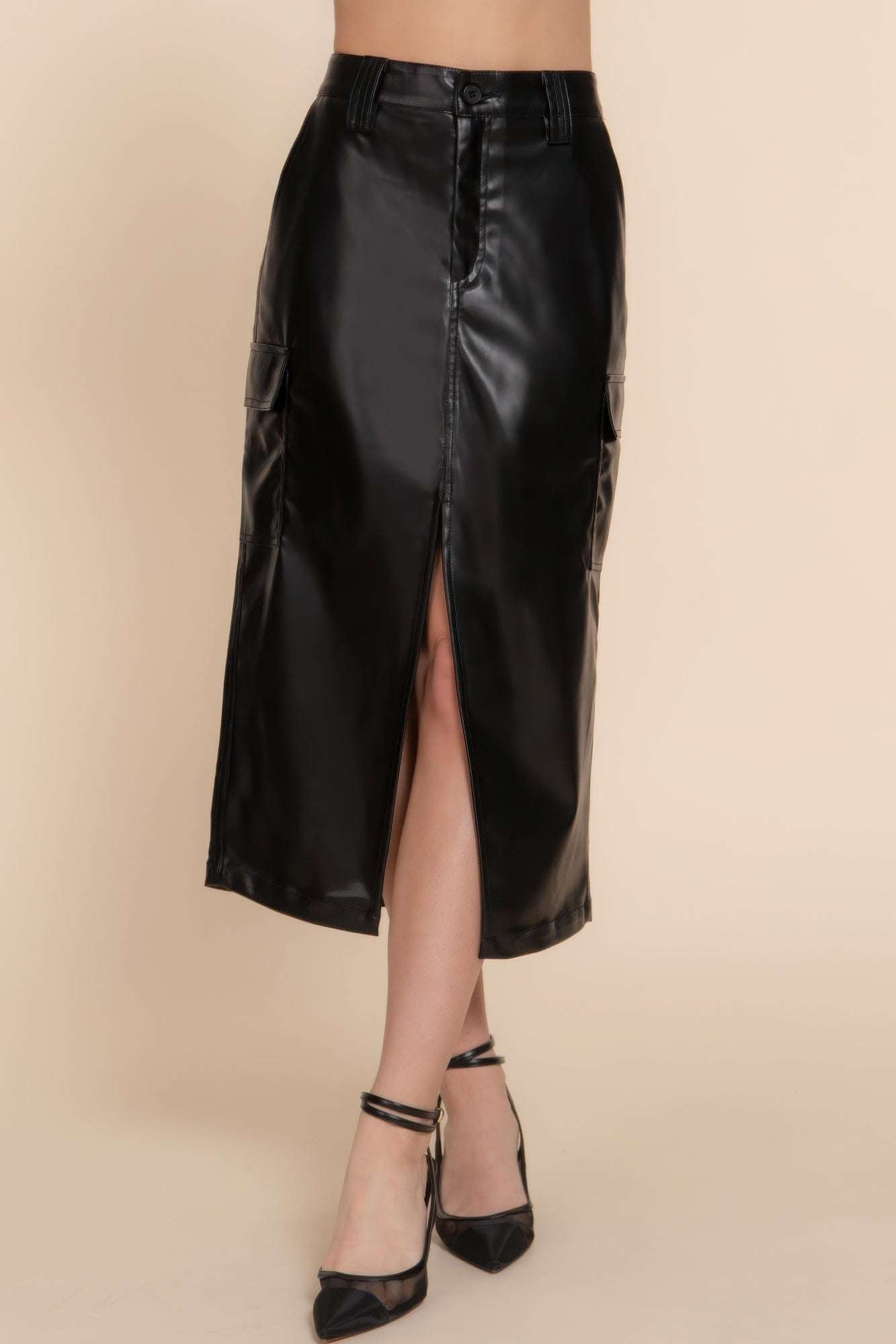 Faux Leather Midi Cargo Skirt - The Diva Goddess