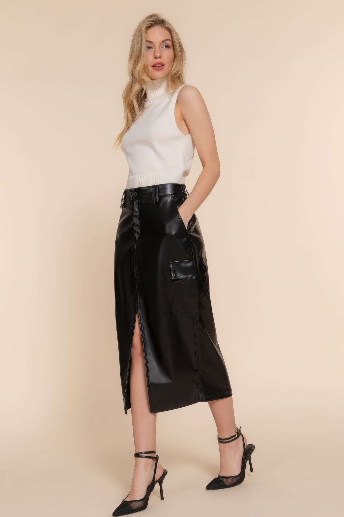 Faux Leather Midi Cargo Skirt - The Diva Goddess