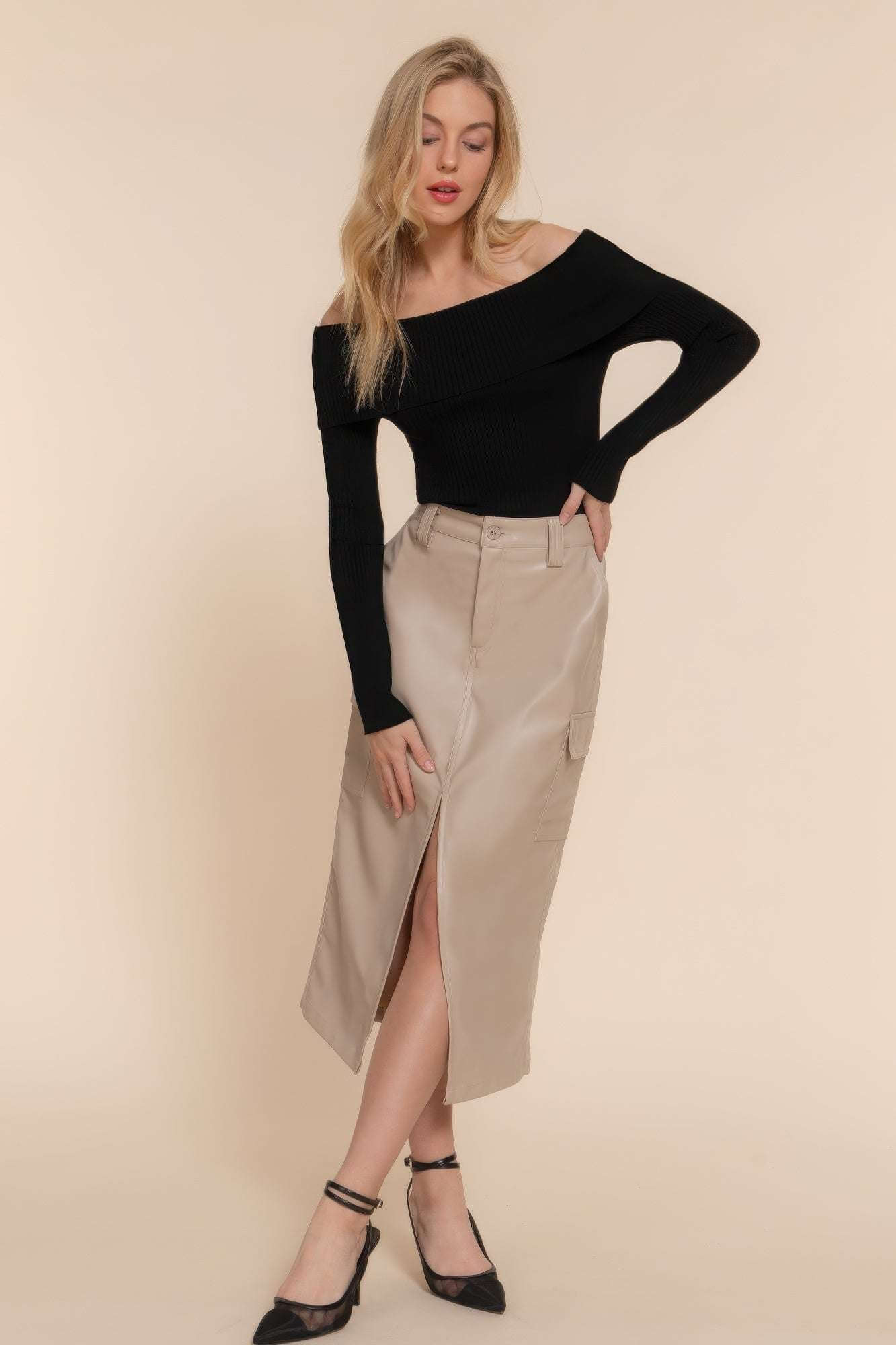 Faux Leather Midi Cargo Skirt - The Diva Goddess