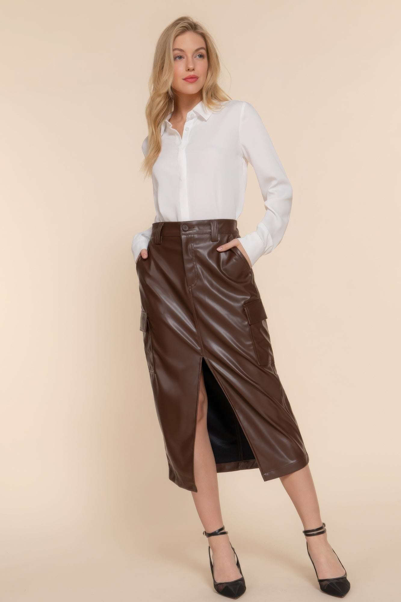 Faux Leather Midi Cargo Skirt - The Diva Goddess