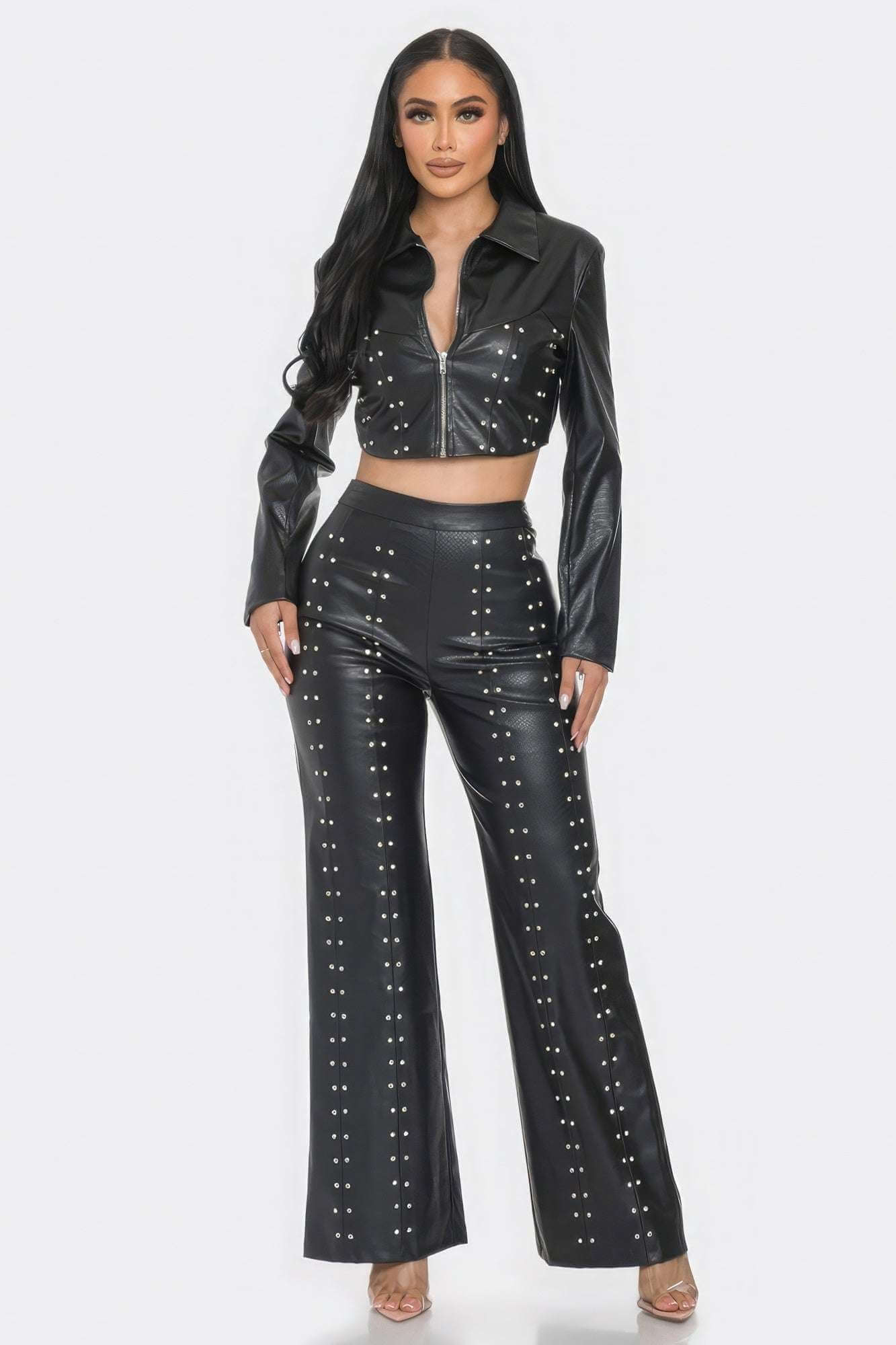 Faux Leather Set With Rhinestone Detail - The Diva Goddess