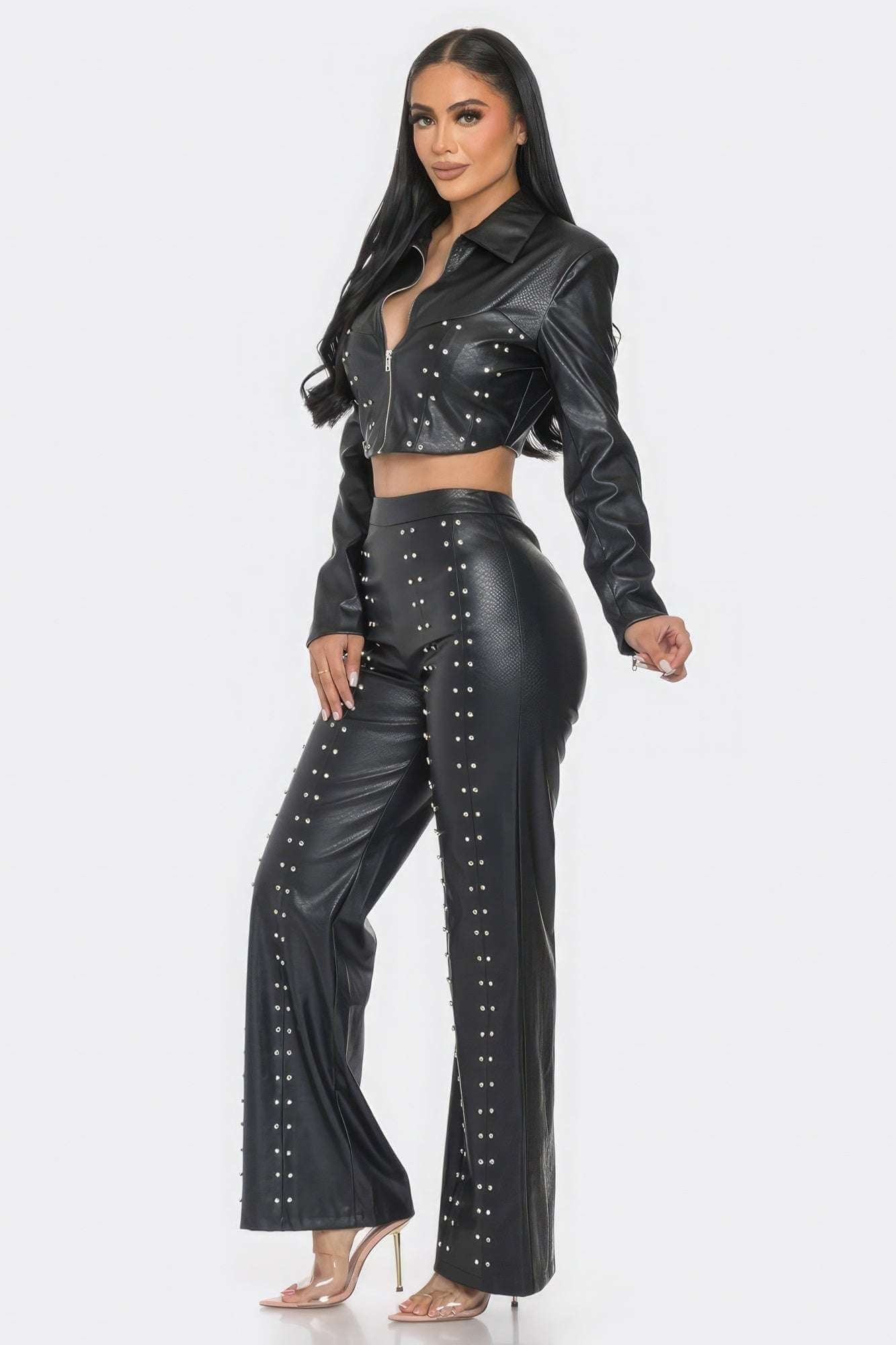 Faux Leather Set With Rhinestone Detail - The Diva Goddess