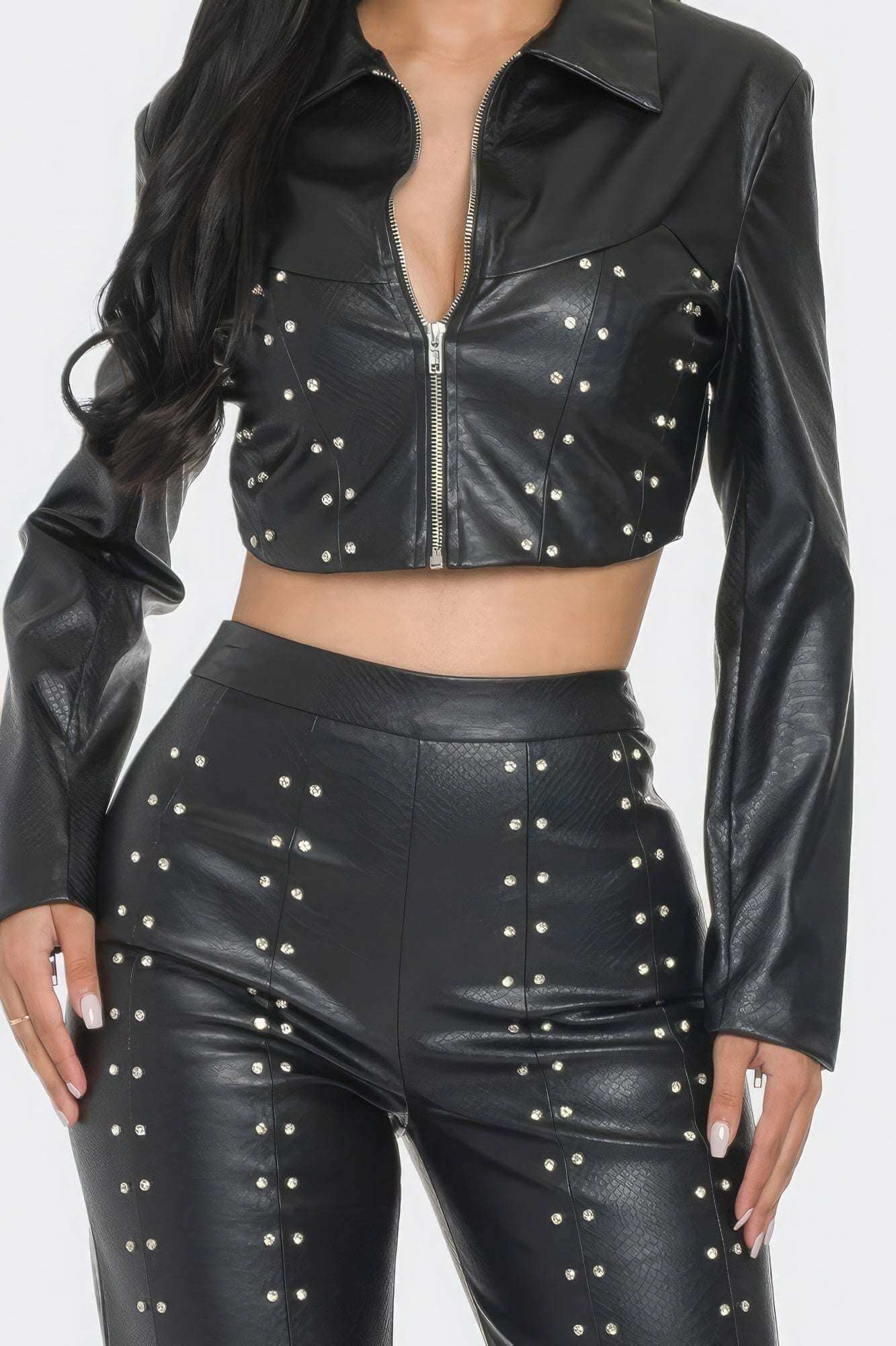 Faux Leather Set With Rhinestone Detail - The Diva Goddess