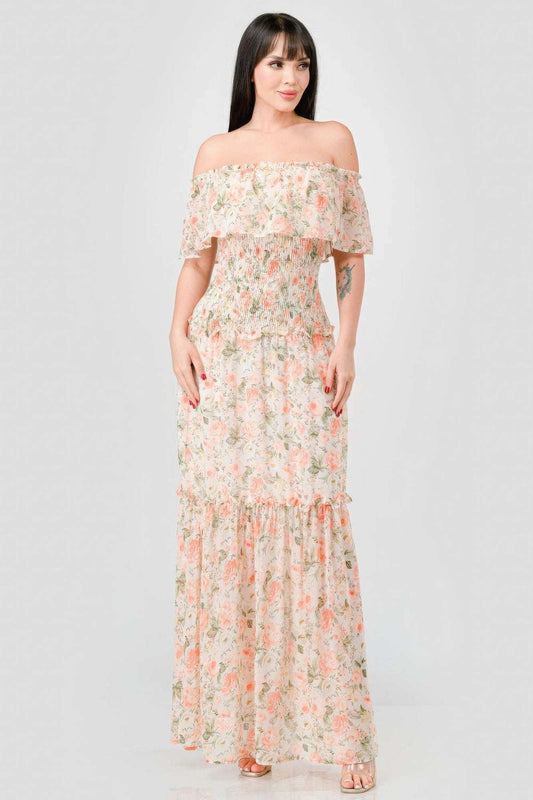 Floral Chiffon Off Shoulder Smocked Back Ruffled Tiered Maxi Dress - The Diva Goddess