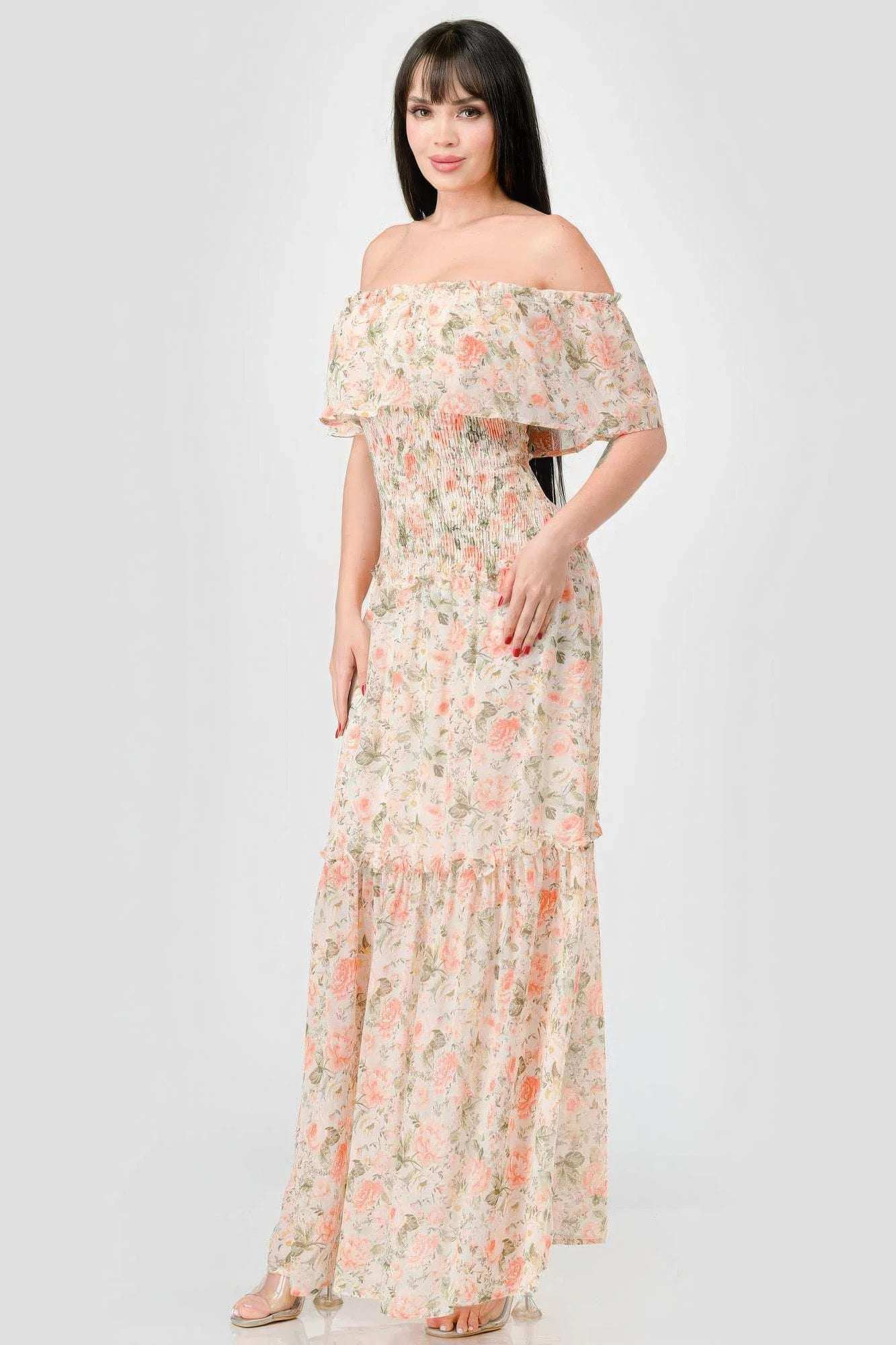 Floral Chiffon Off Shoulder Smocked Back Ruffled Tiered Maxi Dress - The Diva Goddess