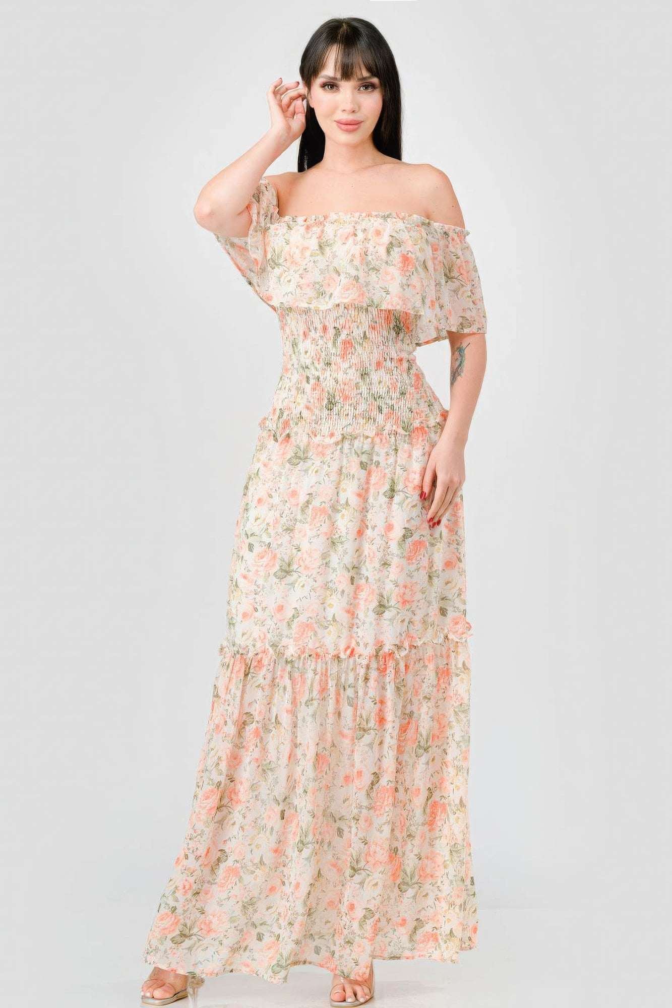 Floral Chiffon Off Shoulder Smocked Back Ruffled Tiered Maxi Dress - The Diva Goddess