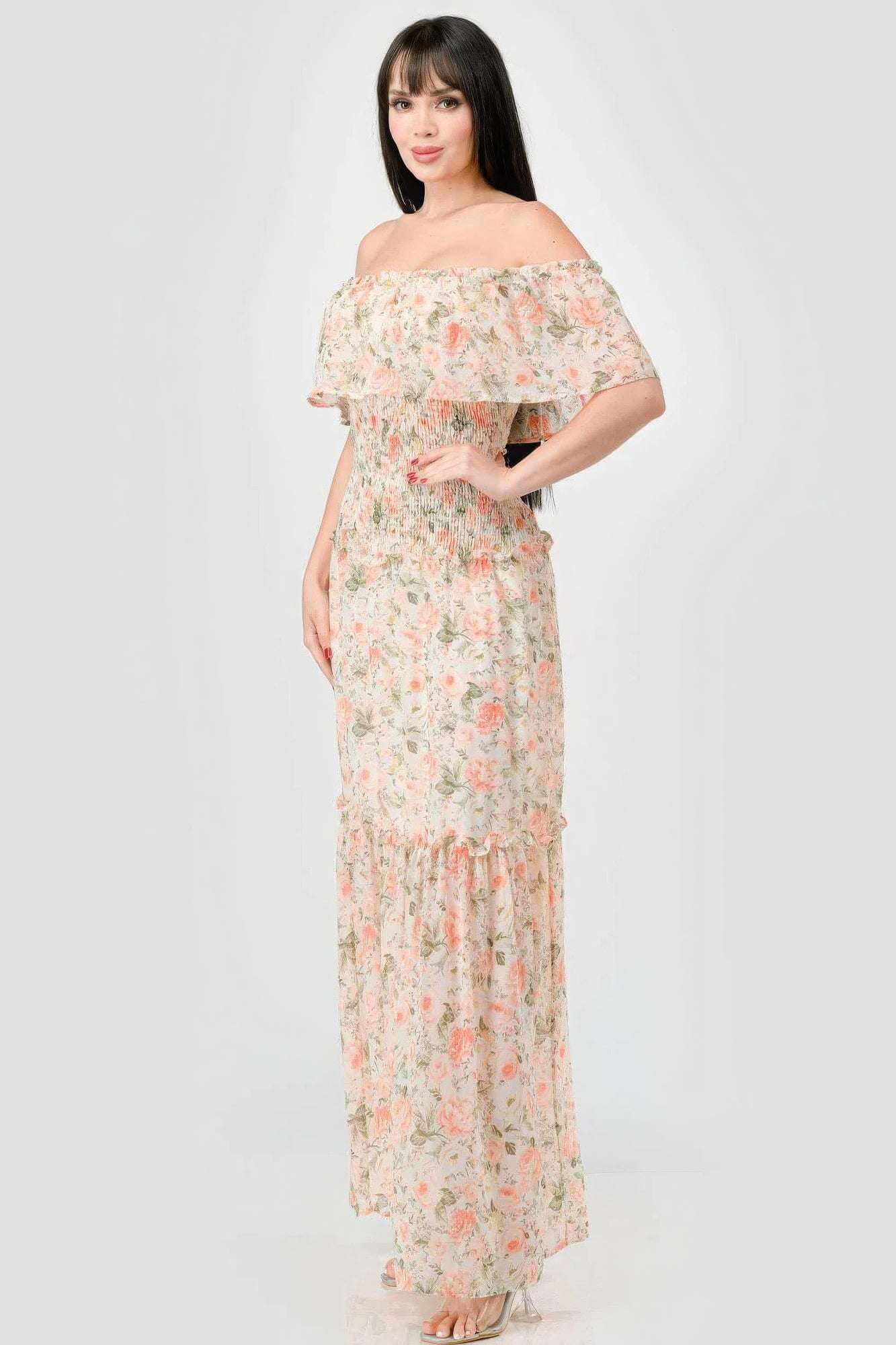 Floral Chiffon Off Shoulder Smocked Back Ruffled Tiered Maxi Dress - The Diva Goddess