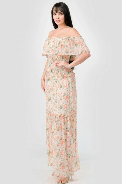 Floral Chiffon Off Shoulder Smocked Back Ruffled Tiered Maxi Dress - The Diva Goddess