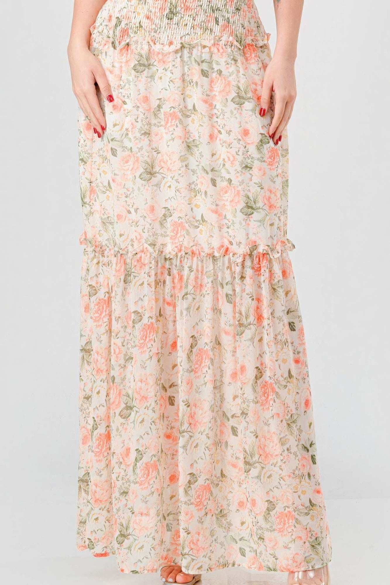 Floral Chiffon Off Shoulder Smocked Back Ruffled Tiered Maxi Dress - The Diva Goddess