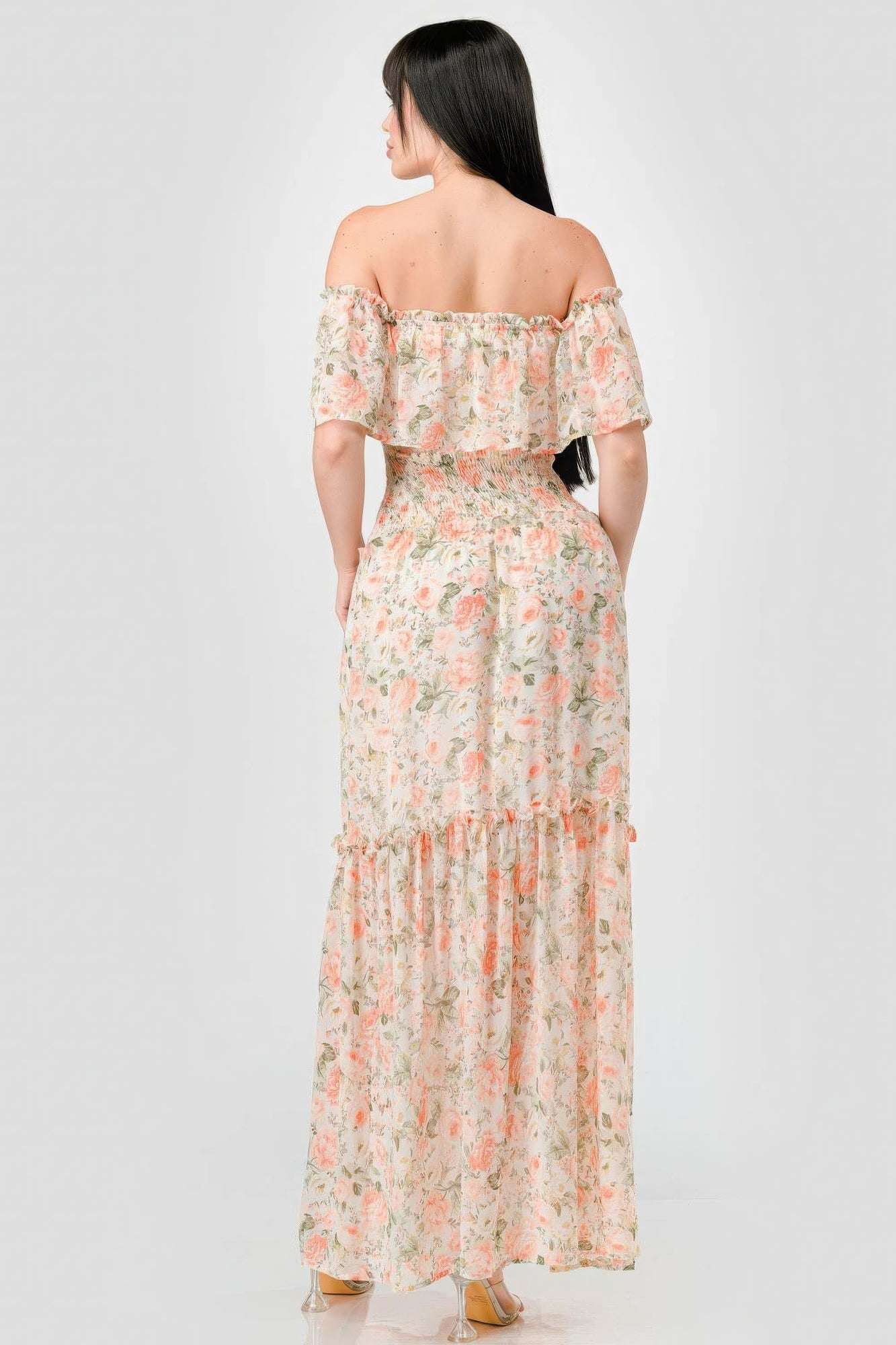 Floral Chiffon Off Shoulder Smocked Back Ruffled Tiered Maxi Dress - The Diva Goddess