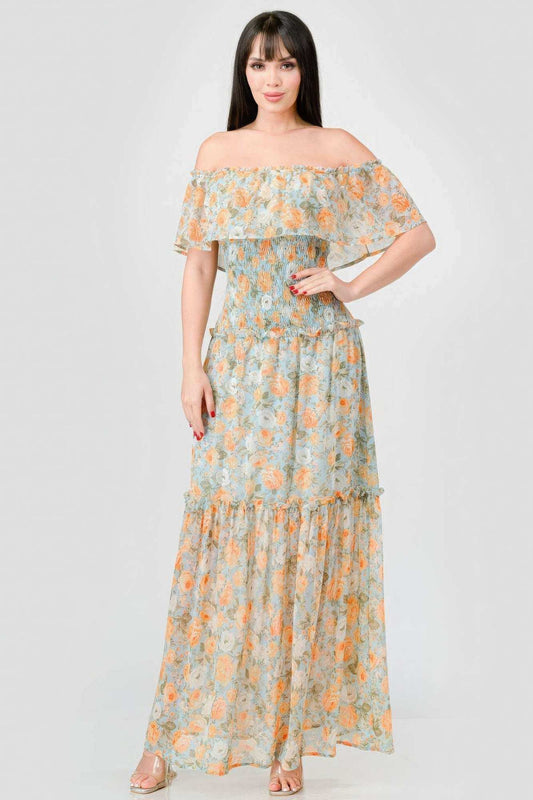 Floral Chiffon Off Shoulder Smocked Back Ruffled Tiered Maxi Dress - The Diva Goddess