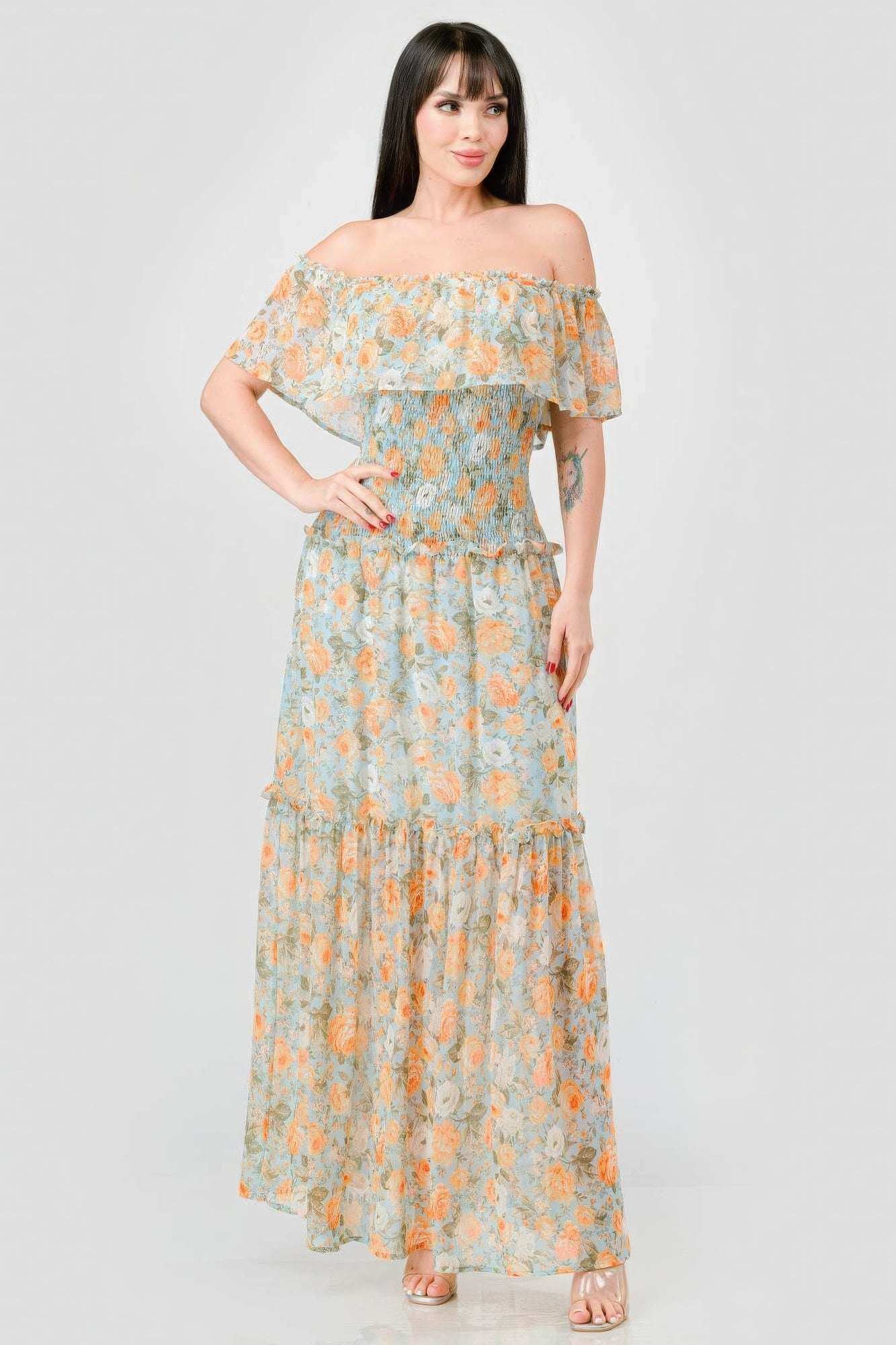 Floral Chiffon Off Shoulder Smocked Back Ruffled Tiered Maxi Dress - The Diva Goddess