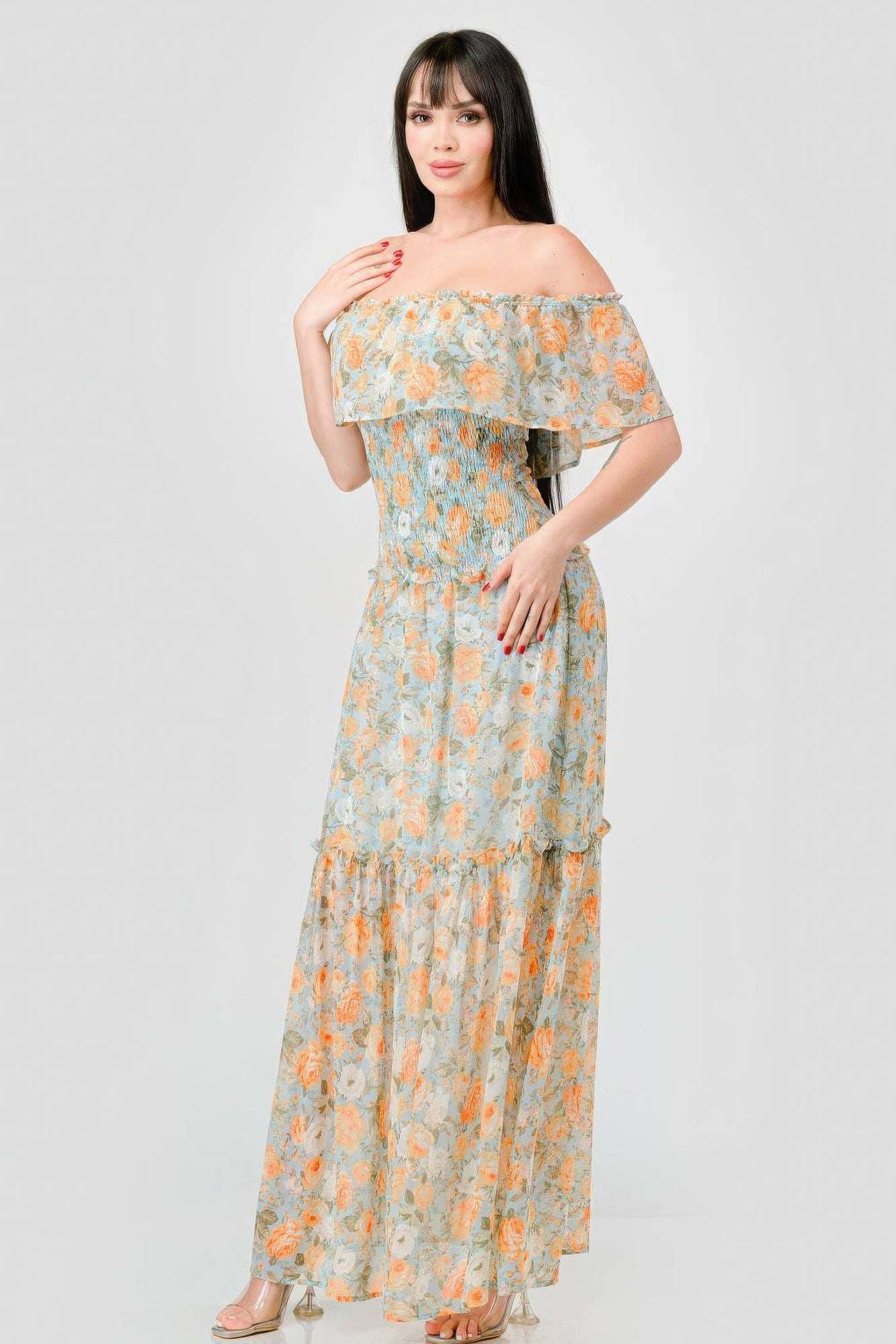 Floral Chiffon Off Shoulder Smocked Back Ruffled Tiered Maxi Dress - The Diva Goddess