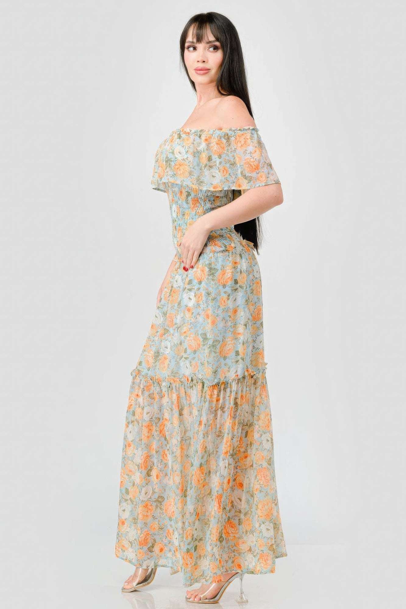 Floral Chiffon Off Shoulder Smocked Back Ruffled Tiered Maxi Dress - The Diva Goddess