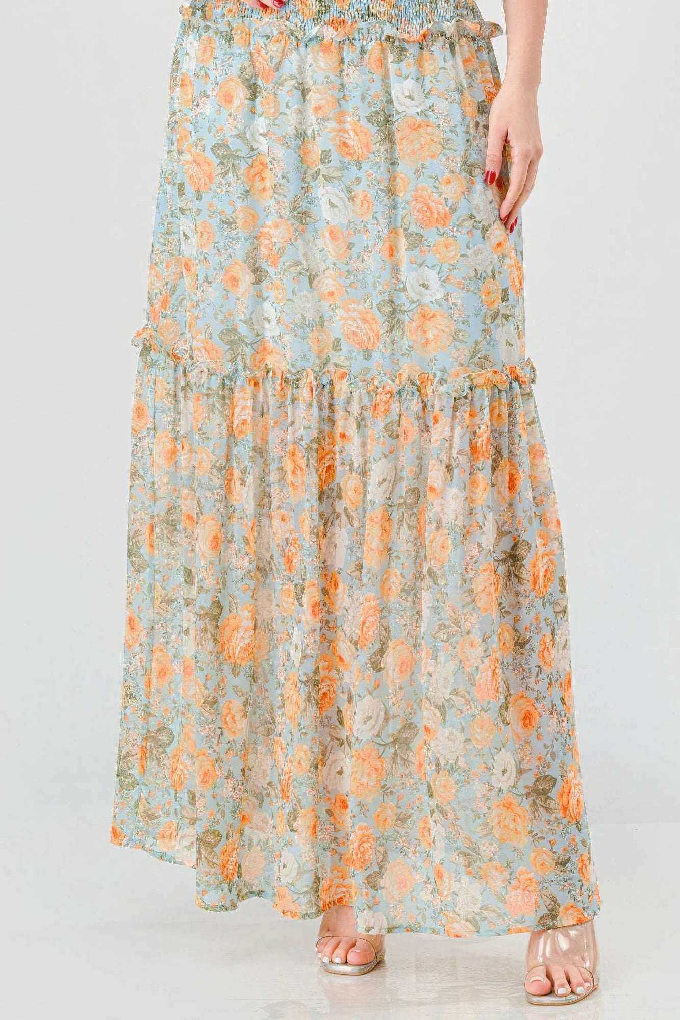 Floral Chiffon Off Shoulder Smocked Back Ruffled Tiered Maxi Dress - The Diva Goddess