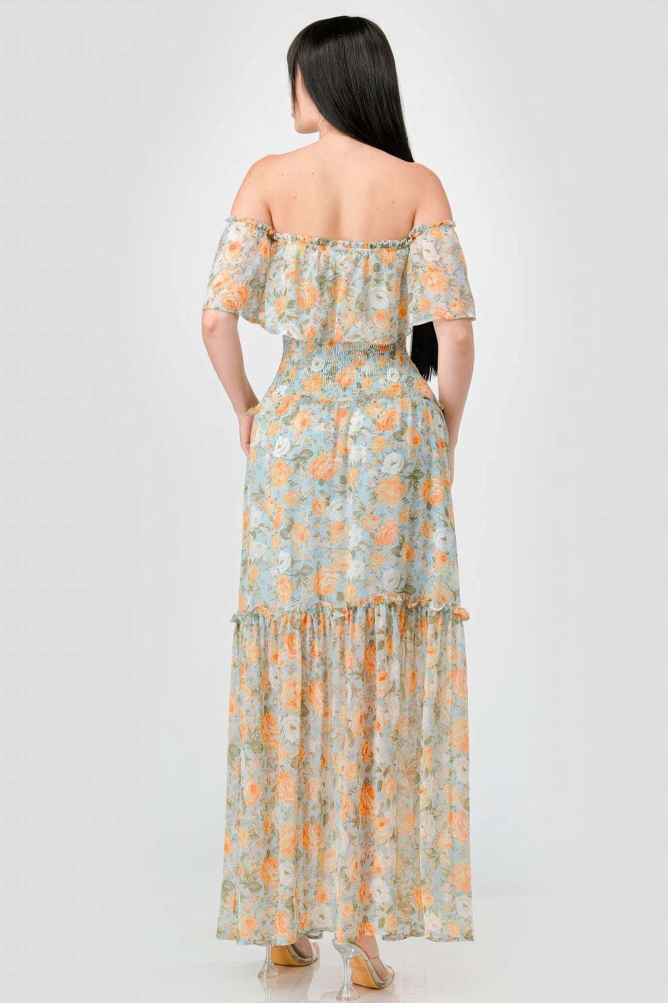 Floral Chiffon Off Shoulder Smocked Back Ruffled Tiered Maxi Dress - The Diva Goddess