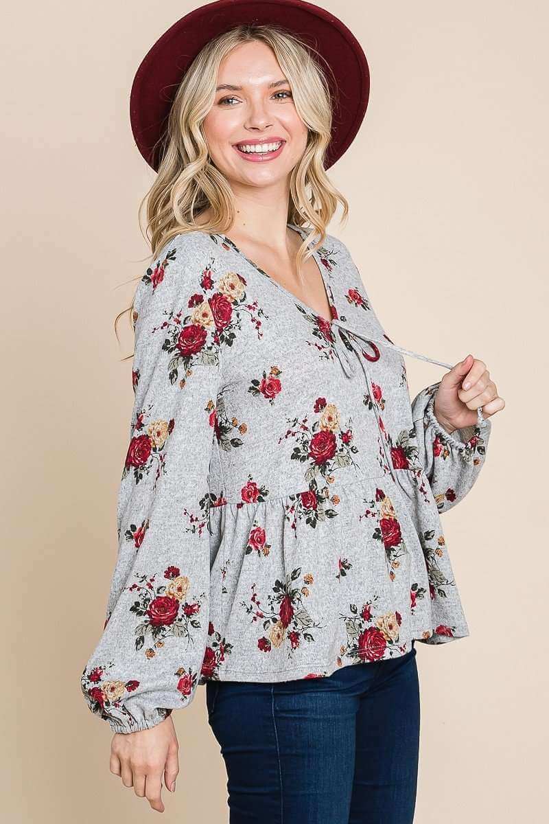 Floral Hacci Printed Babydoll Top With Elastic Cuff Sleeves - The Diva Goddess