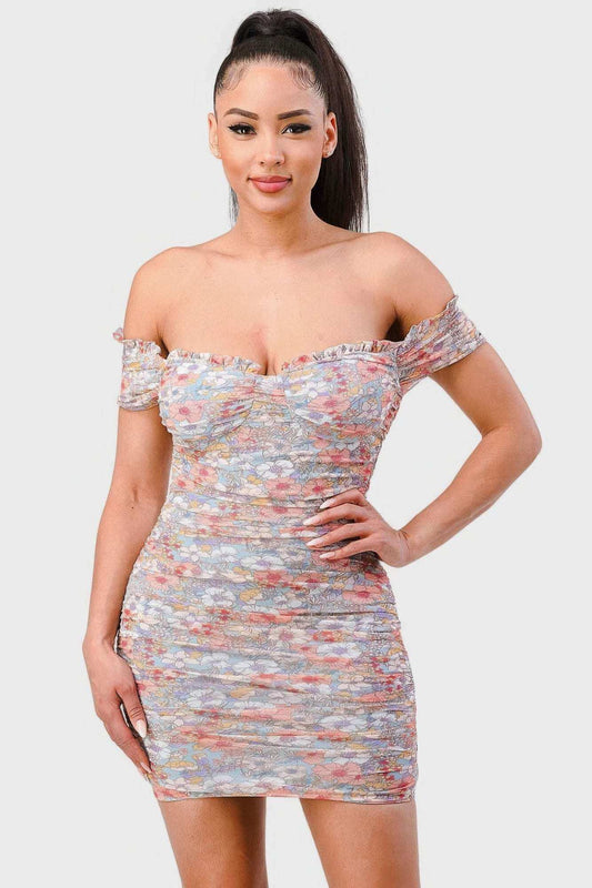 Floral Print Mesh Sweetheart Ruffled Off Shoulder Ruched Mini Dress - The Diva Goddess