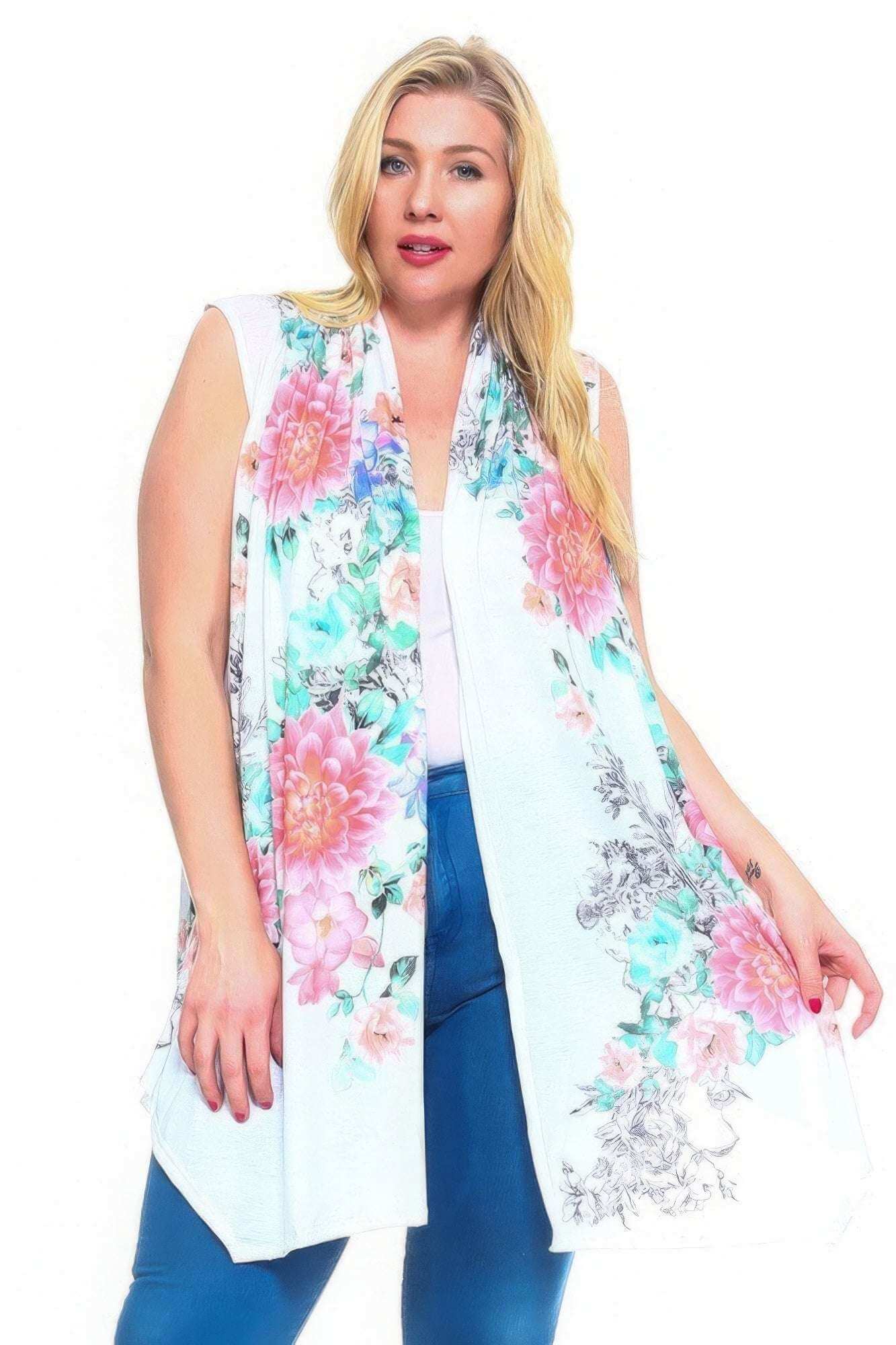 Floral Print, Open Front Vest With An Asymmetric Hem. - The Diva Goddess