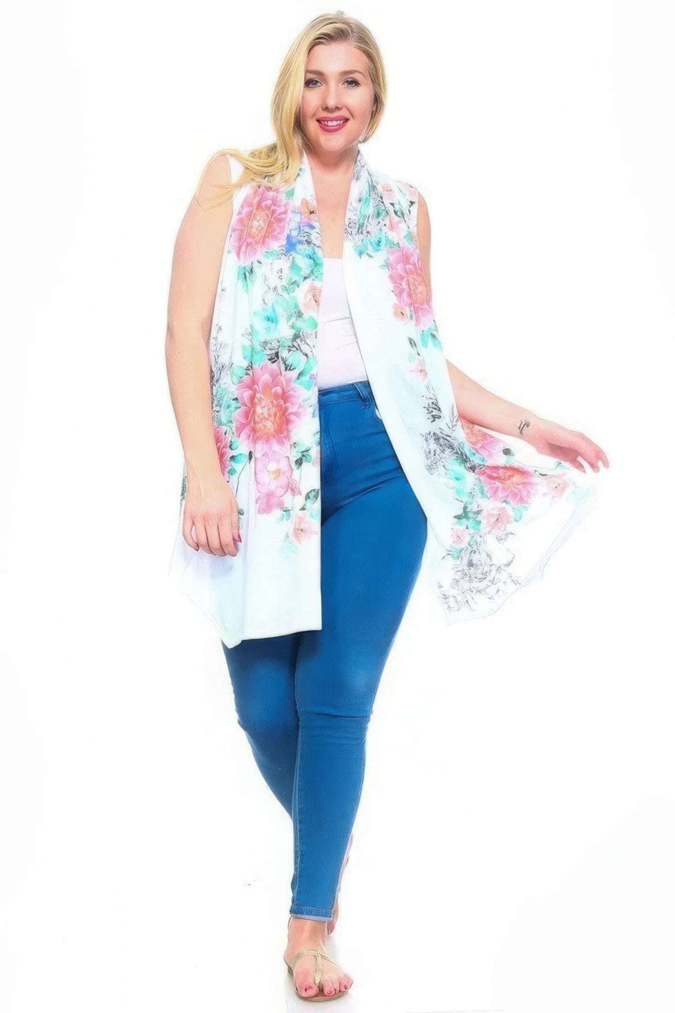 Floral Print, Open Front Vest With An Asymmetric Hem. - The Diva Goddess