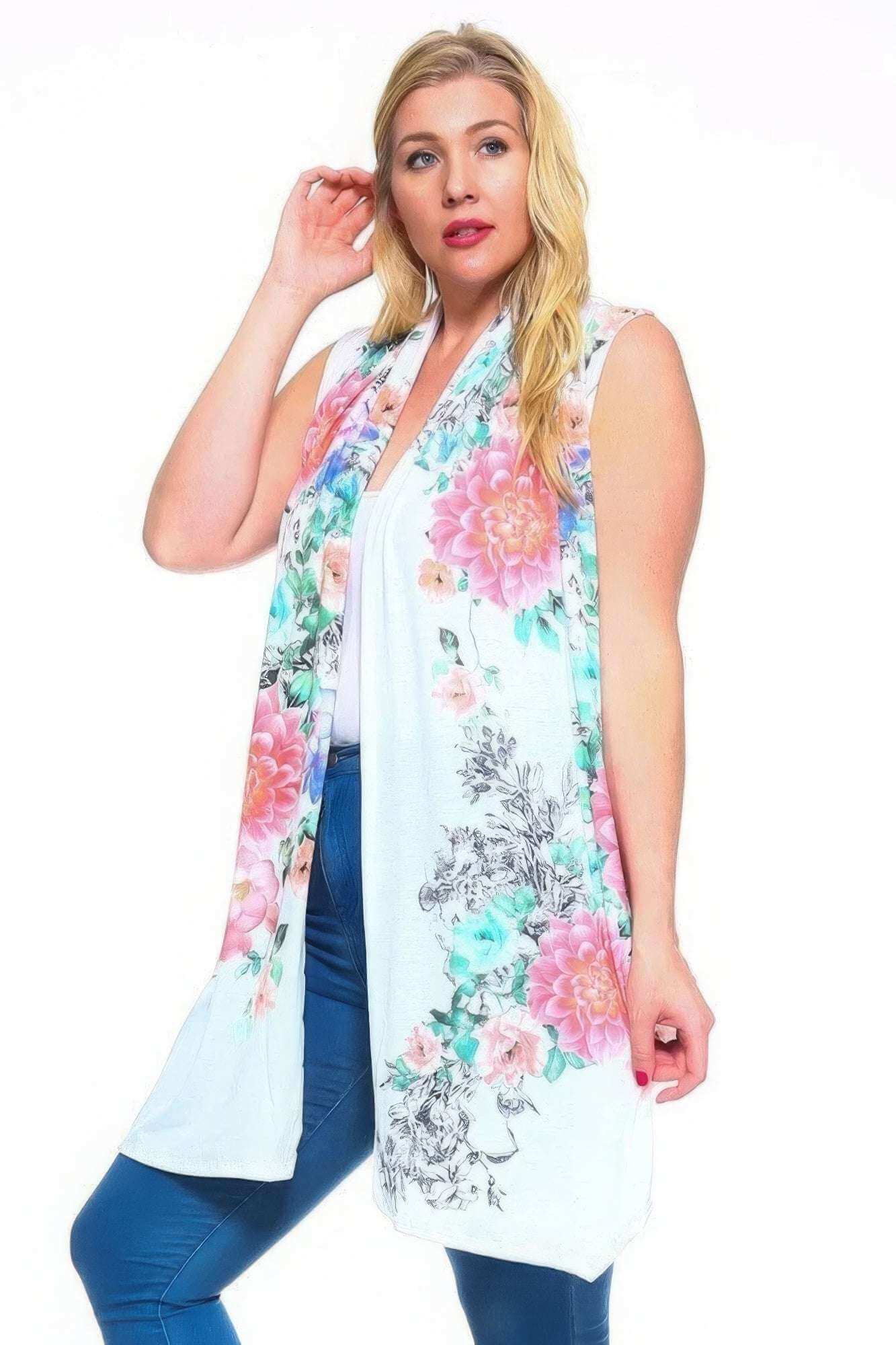 Floral Print, Open Front Vest With An Asymmetric Hem. - The Diva Goddess