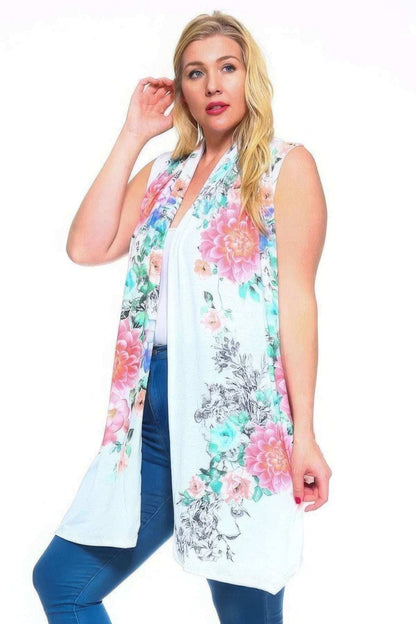 Floral Print, Open Front Vest With An Asymmetric Hem. - The Diva Goddess